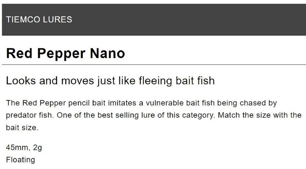 Tiemco Red Pepper Nano 45 mm 2 grams Sinking Lure NANO-519 (6450)