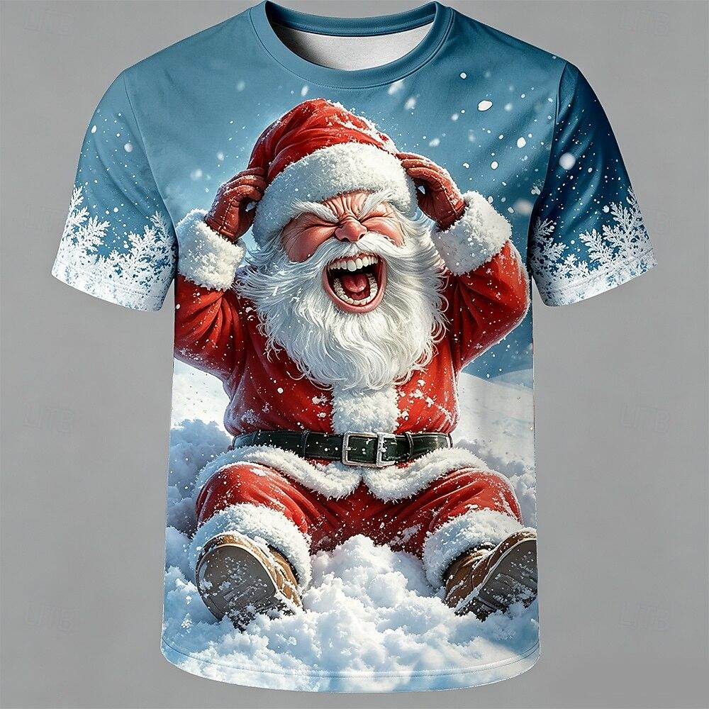 Funny Running Santa Claus 3D Print Women T‑Shirt Crew Neck Short Sleeve Christmas Holiday Tops