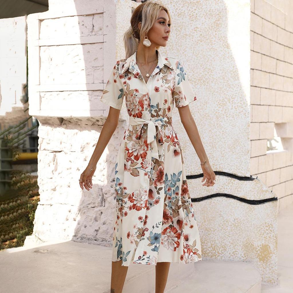 Women's Summer Ethnic Printed Short Sleeve High Waist A Line Lace Up Dress