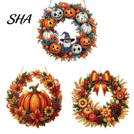 Eye-Catching Design Ornament Fall Pumpkin Sunflower Wreath Hanging Decor, Acrylic Hand Painted Christmas Tree Window Ornament, Thanksgiving Halloween