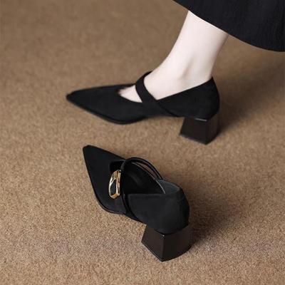 2025 Ретро Замшевые Мэри Джейн с острым носком на одной перемычке - Черный/Темно-коричневый Женская обувь