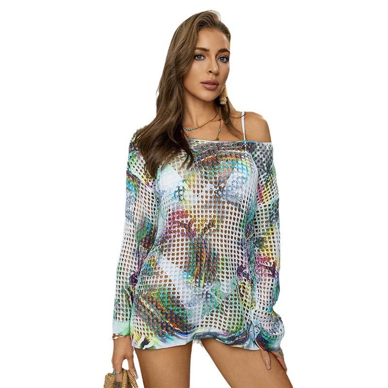 New Bikini Top with Loose Sun-protective Shirt, Laid-back Style See-through Smock, Thin T-shirt, Women's Summer Long-sleeved Shirt