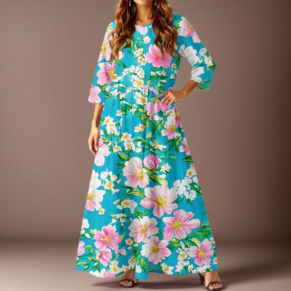 Женское повседневное модное платье с цветочным принтом, рукавом три четверти и карманами