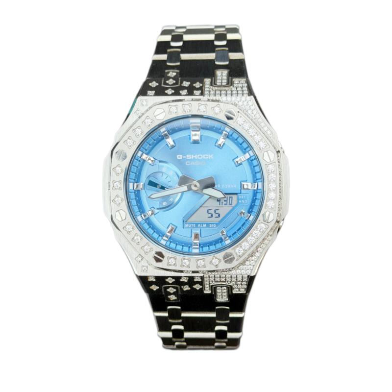 CASIO Customized watch modified series laser ice blue hand-set star diamond engraving presbyopia electroplating bright silver GA-2100BM