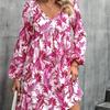Женское цельное платье с длинным рукавом и V-образным вырезом плюс размер с цветочным принтом