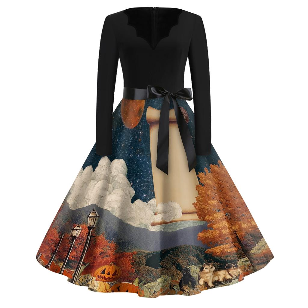 Women's Vintage Halloween Print V Neck Dress Long Sleeve Retro Fit and Flare Dress with Waist Tie Belt Casual Party Dress