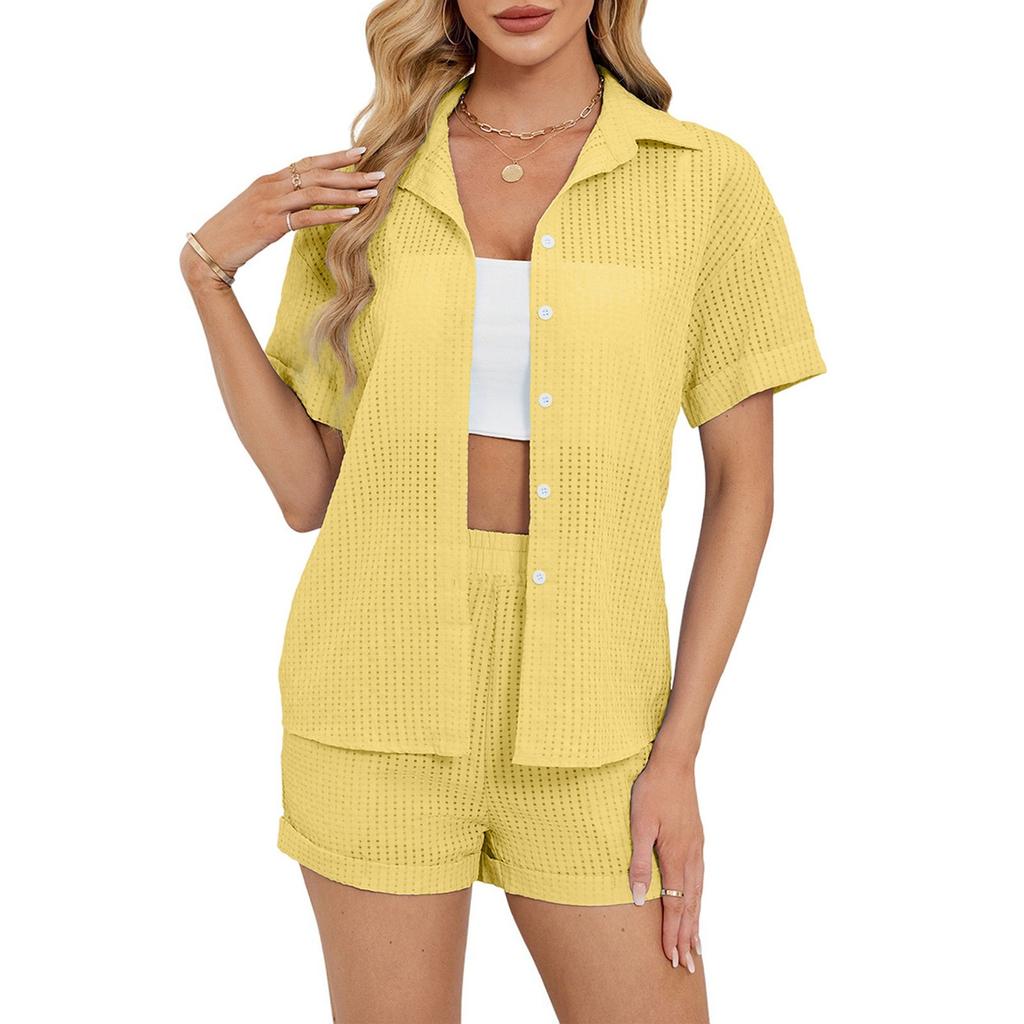 Женская повседневная однотонная рубашка с короткими рукавами, топы, шорты, домашняя одежда, комплект из двух предметов