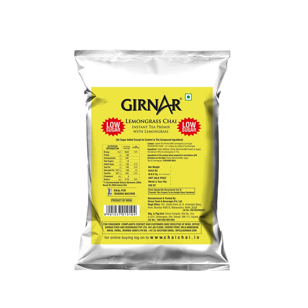Girnar Instant Premix Зеленый чай с лемонграссом 1 кг Низкое содержание сахара Упаковка для торговых автоматов Мягкий аромат