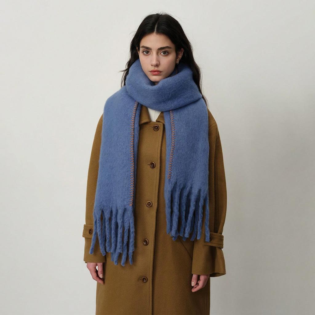 Versatile Plus Thickened Imitation Cashmere Solid Color Hemming Fringed Scarf Women's Winter Shawl