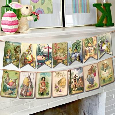 Пасхальные украшения Винтажный баннер с днем Пасхи Ретро пасхальное яйцо Зайчик Флажки Гирлянда для домашнего декора Принадлежности для вечеринки Счастливой Пасхи