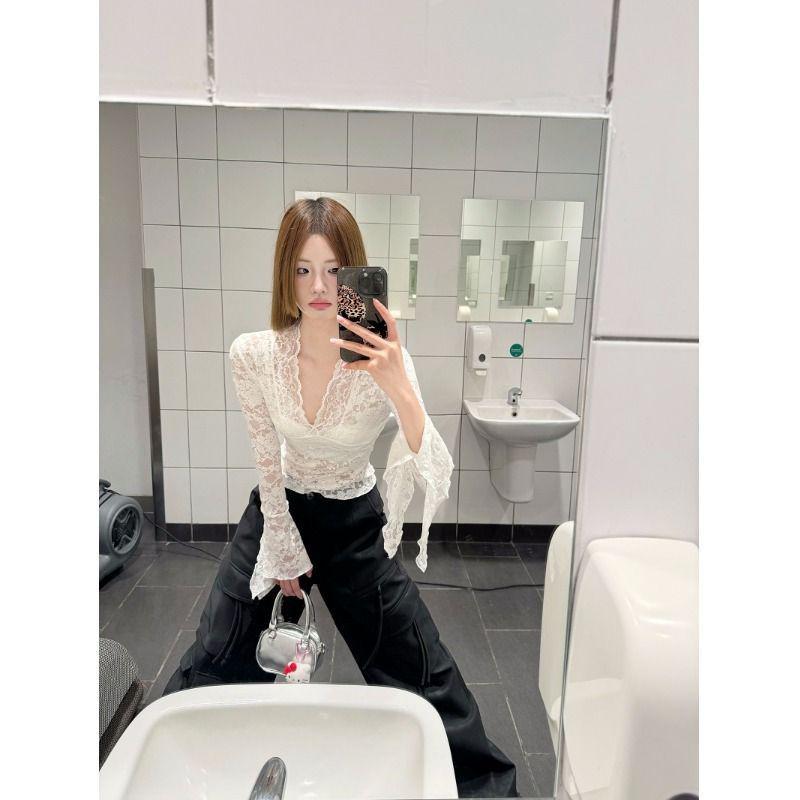 Кружевной топ с V-образным вырезом для похудения: Женская сексуальная блузка с расклешенными длинными рукавами для начала осени