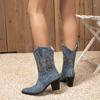 Women's Vintage Fashion Embroidered Pointed-toe Chunky-heel Boots Plus Size Spring Autumn Mid-calf Cowboy Boots