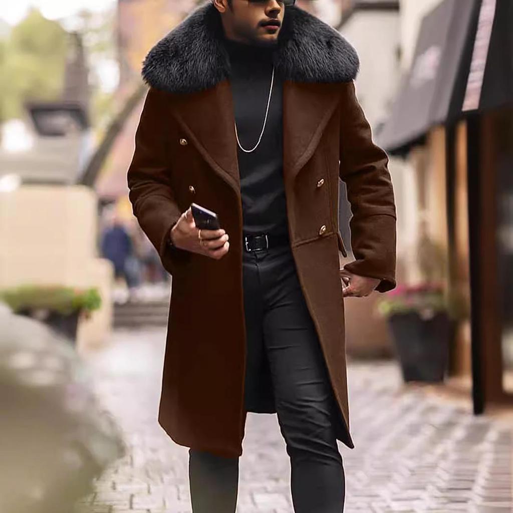 Мужское двубортное шерстяное пальто с большим меховым воротником