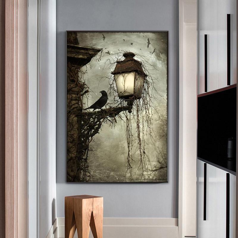 Винтажная лампа с черной вороной, холст, картины, постеры и принты на Хэллоуин, настенные художественные картинки для украшения стен гостиной, Cuadros