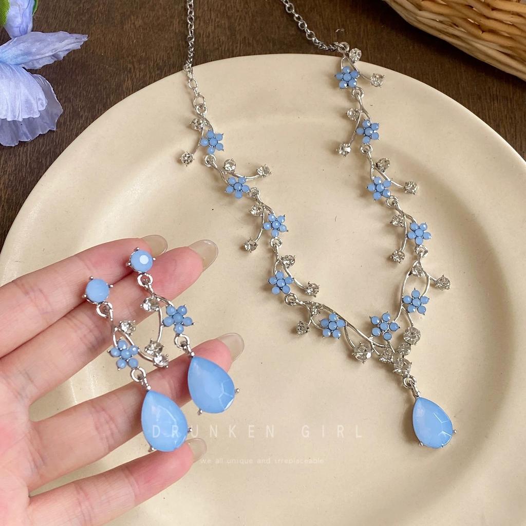 Premium Court Lily of the Valley Blue Water Drop Necklace Earrings Set, Gorgeous Temperament Dress Matching Decorative Jewelry for Girls