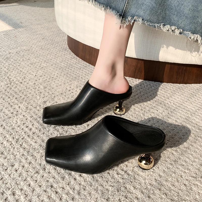 Fashion Square Toe Elegant Women Slippers Fad Mid Heels Leather Sandals Mule Shoes 2025 New Trend Spring Designer Dress Femme Chaussures