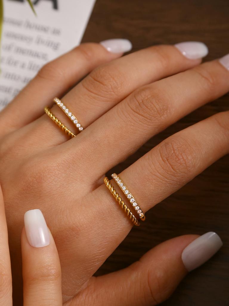 Korean Fashion Personality Cold Style Senior Sense Of Stainless Steel 18K Gold-Plated With Diamonds Double Layer Ring Female