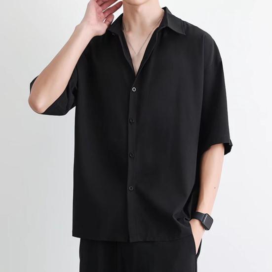 Men Summer Shirt Turn-down Collar Single-breasted Loose Short Sleeve Solid Color Buttons Soft Breathable Men Casual Top