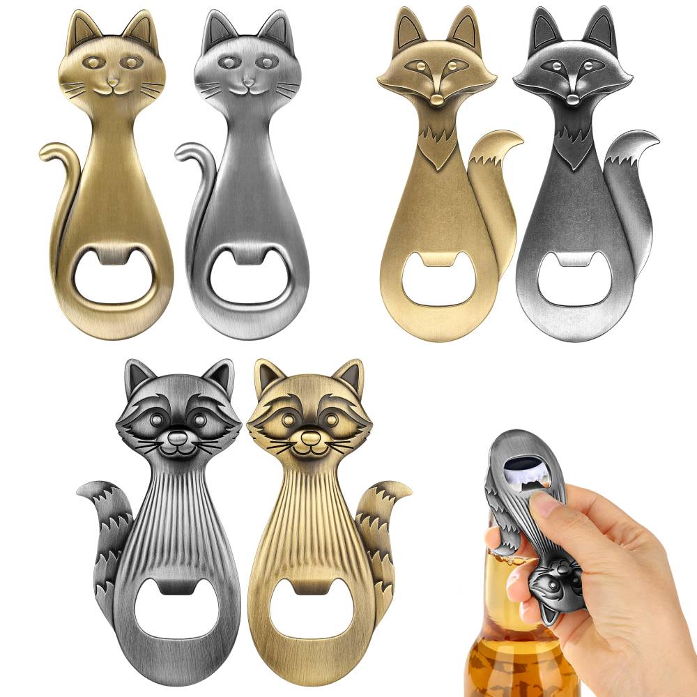 2 Pack Animal Bottle Opener Set Cute Fox Cat Raccoon Shaped Beer Opener Metal Bottle Opener for Home Bar Party Favor Gift
