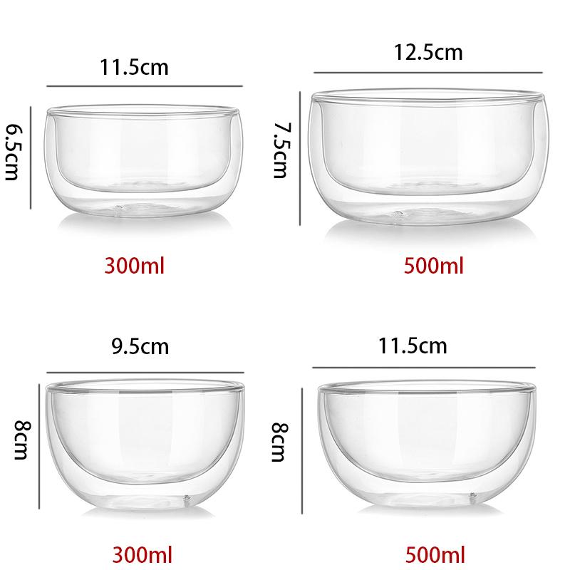 YWDL 300/500ml Clear Double Layer Glass Bowl Heat-resistant Fruit Salad Bowl Kitchen Glassware For Soup Cereal Dessert Bowls