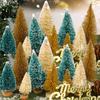 Artificial Mini Christmas Tree DIY Crafts Sisal Pine Tree Desktop Miniature Ornaments with Wood Base Winter Xmas Party Decor
