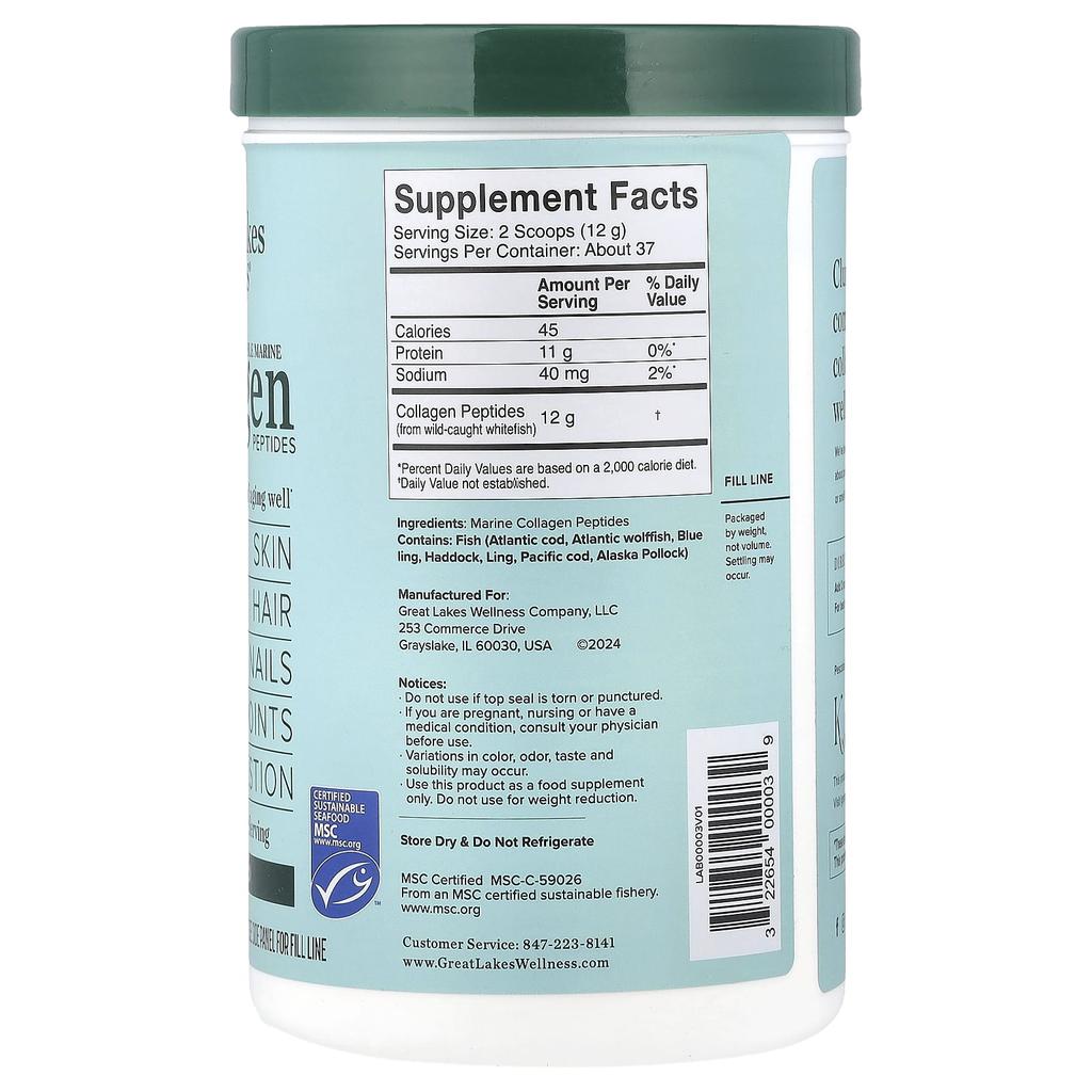 Great Lakes Wellness, Sustainable Marine Collagen Peptides, Unflavored, 16 Oz (454 G)