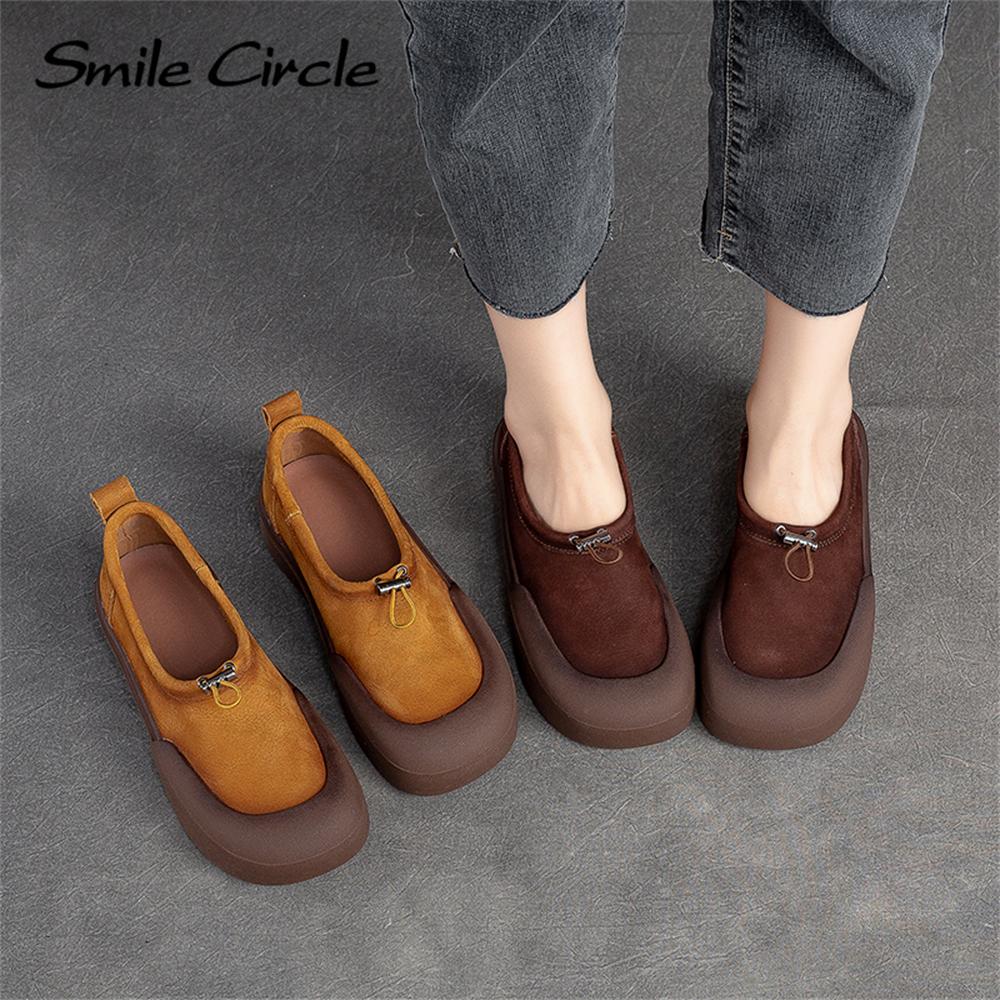 Женские туфли на плоской подошве из натуральной кожи, туфли без шнуровки с круглым носком на толстой подошве, модная удобная повседневная обувь