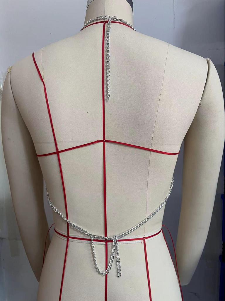 Black Chain & Pearl Patchwork Halter Vest Body Chain