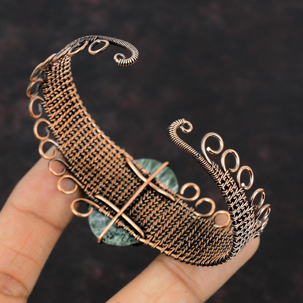 Браслет-манжета с серафинитом, медная проволока, ювелирные изделия из драгоценных камней, медный браслет-манжета ручной работы, браслет-манжета, подарок для нее, регулируемый браслет