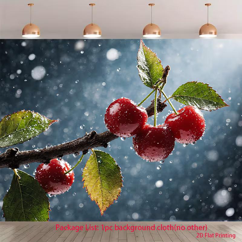 2D Food Photography Backdrop 2D Wet Red Cherries Macro Photo Background for Themed Shoot