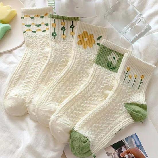 5 Pairs Women Socks Refreshing Flower Prints Mid-tube Shallow-cut High Elasticity Soft Breathable Sweat Absorption Anti-slip Girls Daily Sports Socks