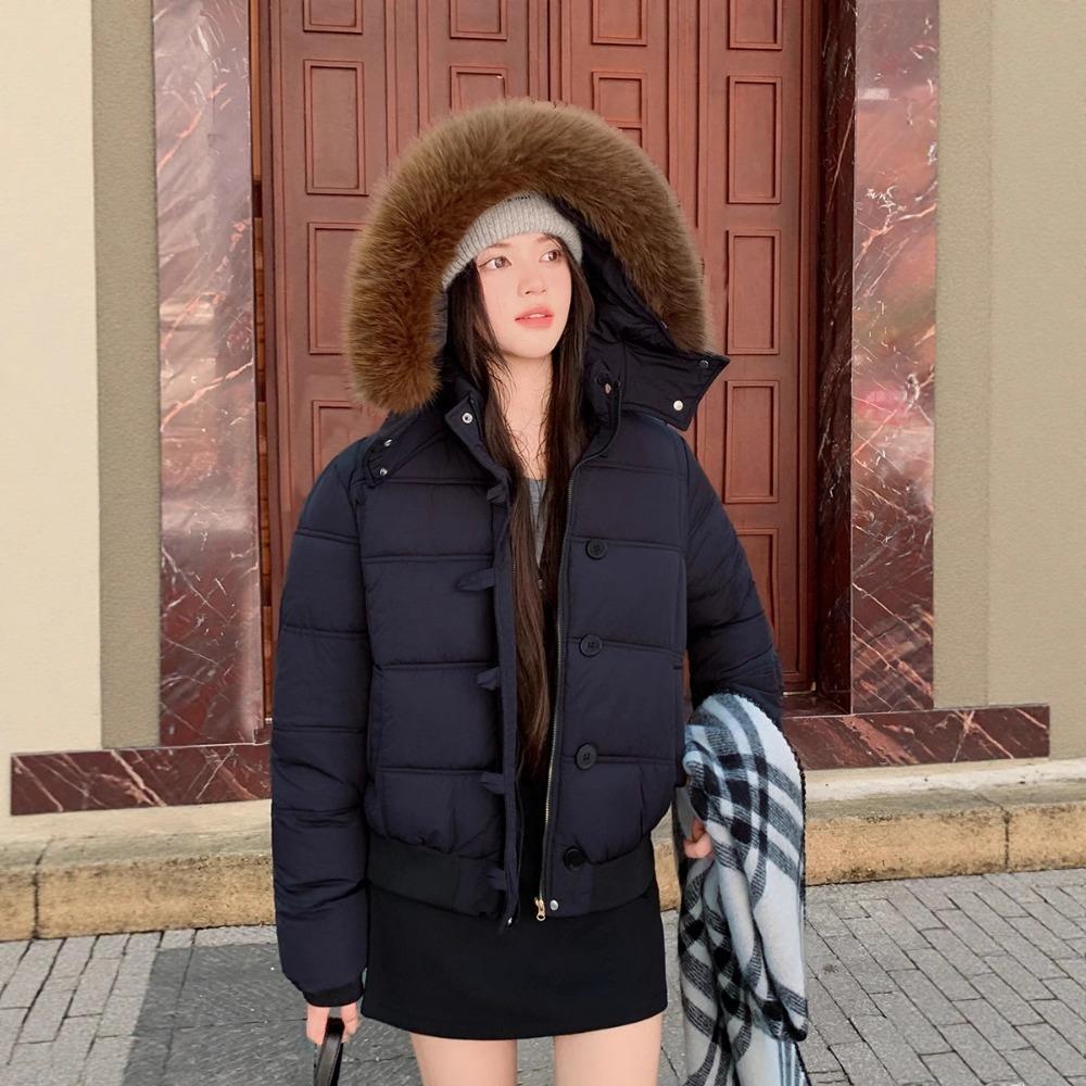 Зимняя куртка-пуховик с капюшоном и большим меховым воротником для женщин 2025 взрыв, продвинутый стиль, тонкая и теплая короткая куртка с хлопковой набивкой
