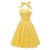 Retro polka-dot lace-up halter-neck flared ball gown performance dress, bohemian style