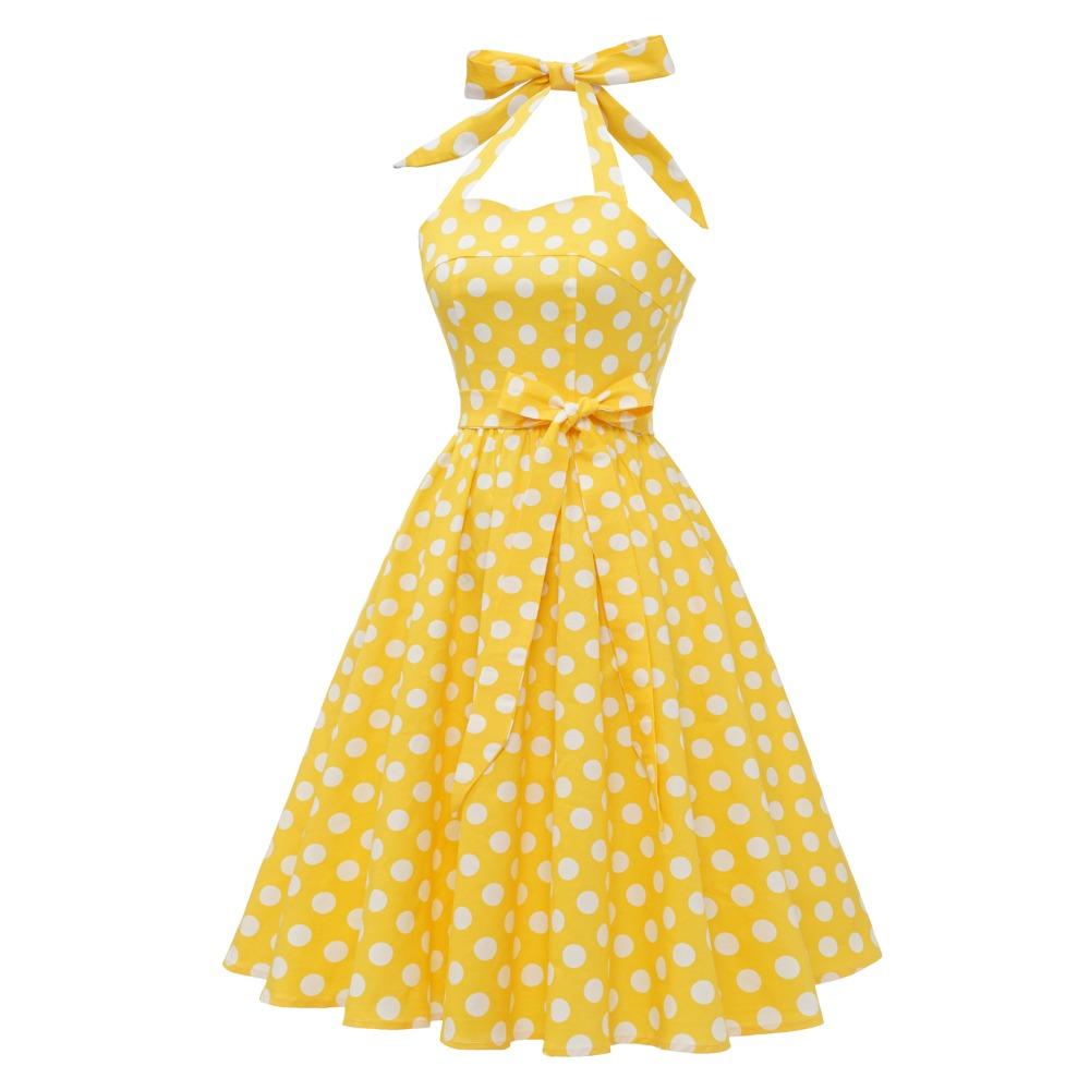 Retro polka-dot lace-up halter-neck flared ball gown performance dress, bohemian style