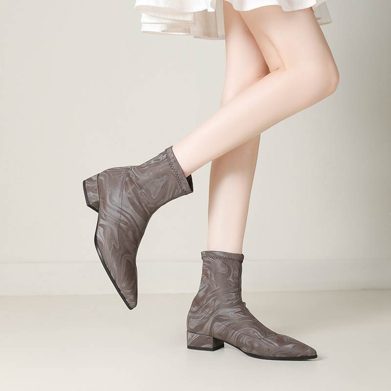 lenkisen PU Autumn Winter Shoes Thick Low Heels Printing Oriental Design Chelsea Boots Keep Warm Beauty Lady Ankle Boots