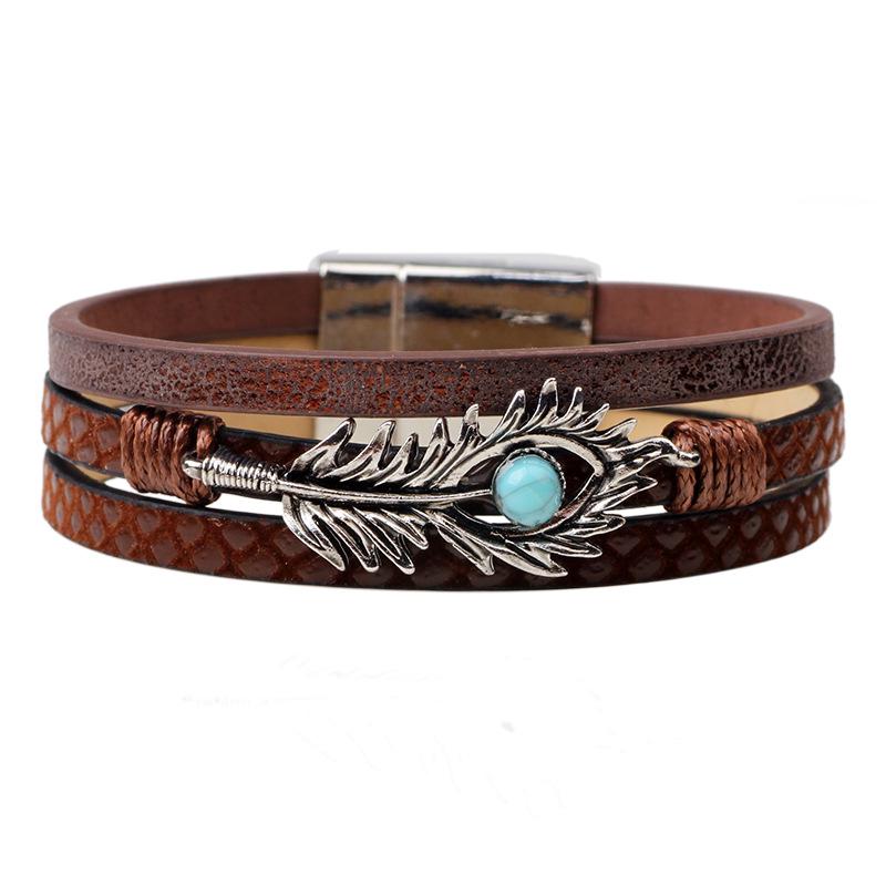 Qi Nuo Multi-Layer Leather Bracelet with Buckle and Feather Charm