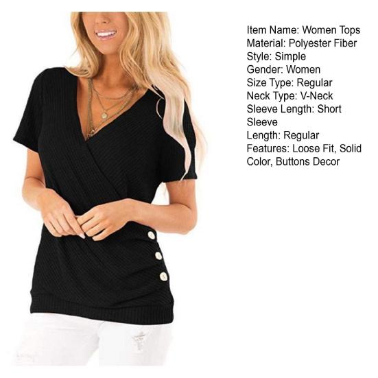 Женские топы с коротким рукавом, V-образным вырезом, плиссированной кромкой, однотонная драпированная футболка с боковыми пуговицами, повседневная одежда