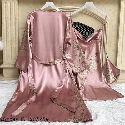 Сексуальный женский длинный халат, ночная рубашка, комплект летней пижамы, ночная рубашка на бретельках, нижнее белье, свободное атласное белье с принтом вишни, домашняя одежда