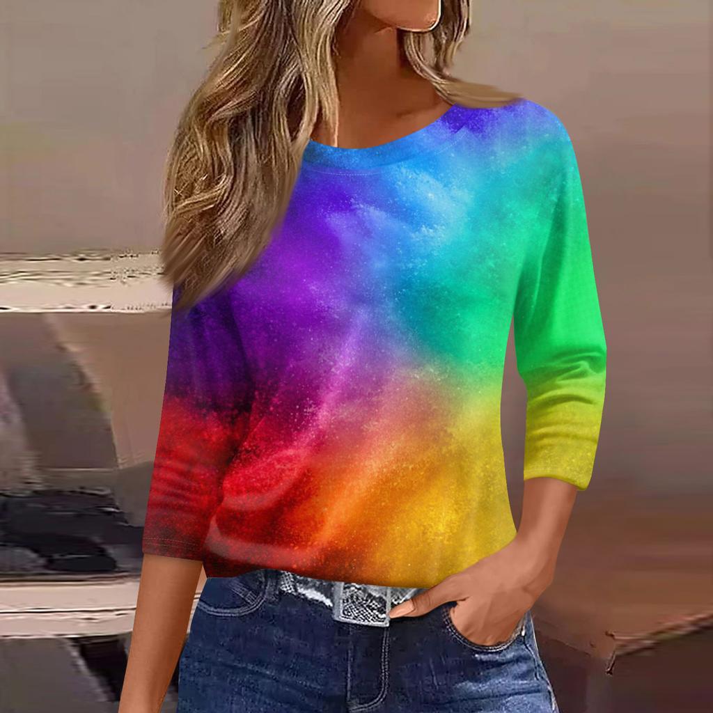 Женская Модная Повседневная Круглый Вырез 3/4 Рукава Свободная С Принтом Футболка Женский Топ