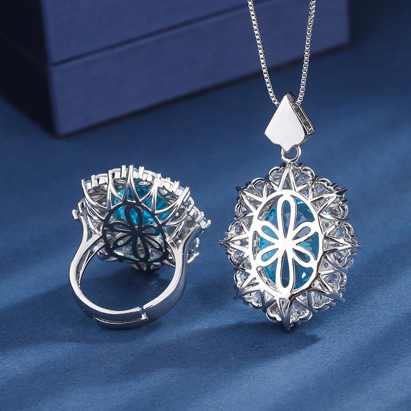 Luxury EYIKA Simulation Aquamarine Pendant Necklace Ring for Women Lab Diamond Wedding Party Fine Jewelry Set