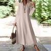 Женская мода V-образный вырез длинный рукав карман однотонный молния повседневный отпуск длинные хлопково-льняные платья