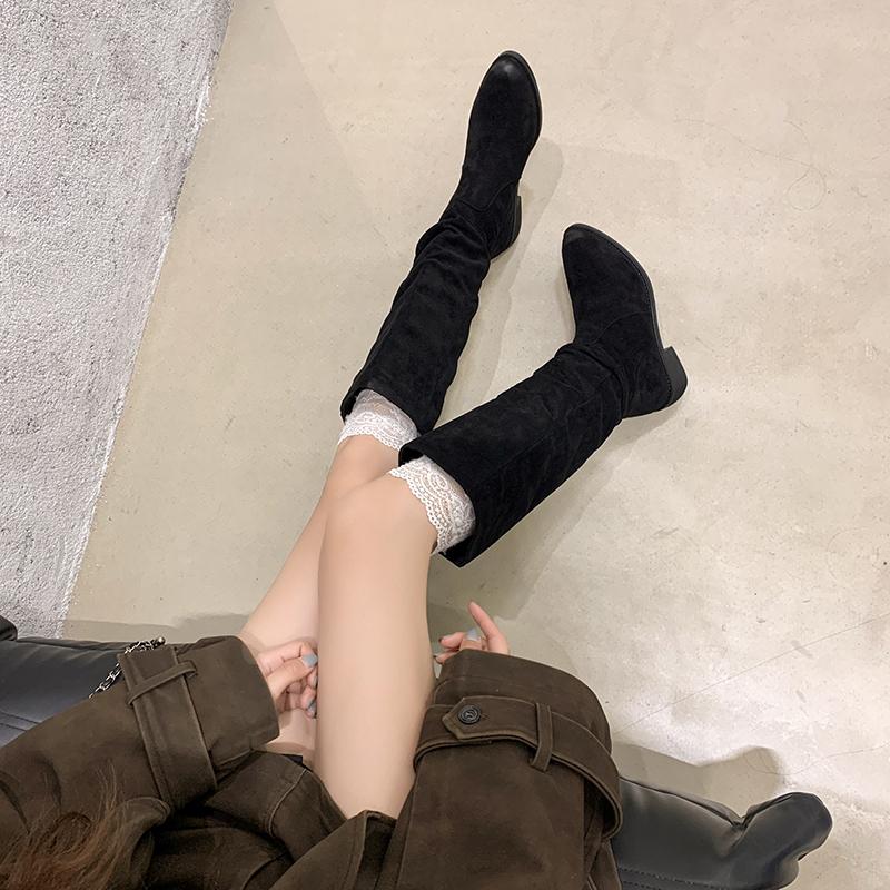 Модные женские сапоги до колена, осенне-зимняя женская обувь, модные женские сапоги без застежек, на низком каблуке, с круглым носком, на плоской подошве, длинные сапоги Botas De Mujer