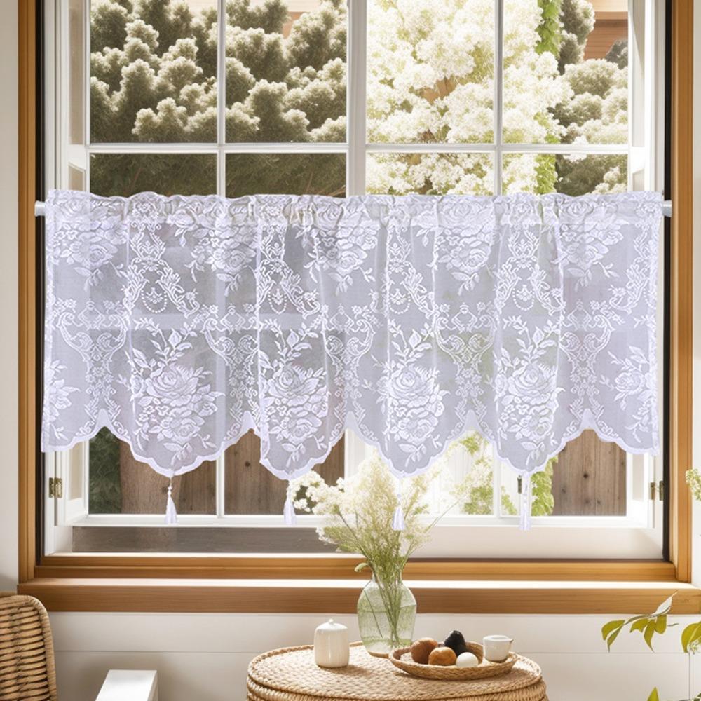 Fashion White Lace Short Curtain Tassel Small Fresh Tulle Window Half Curtains Cabinet Drapes for Home Deco