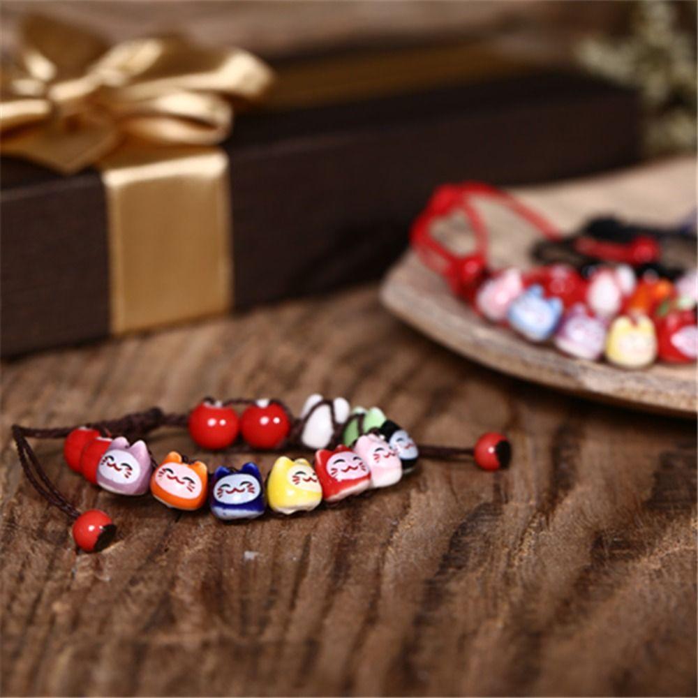 Керамический браслет ручной работы Maneki Neko Lucky Cat с красной нитью, ручная веревка, браслет из бисера с котом для девочек