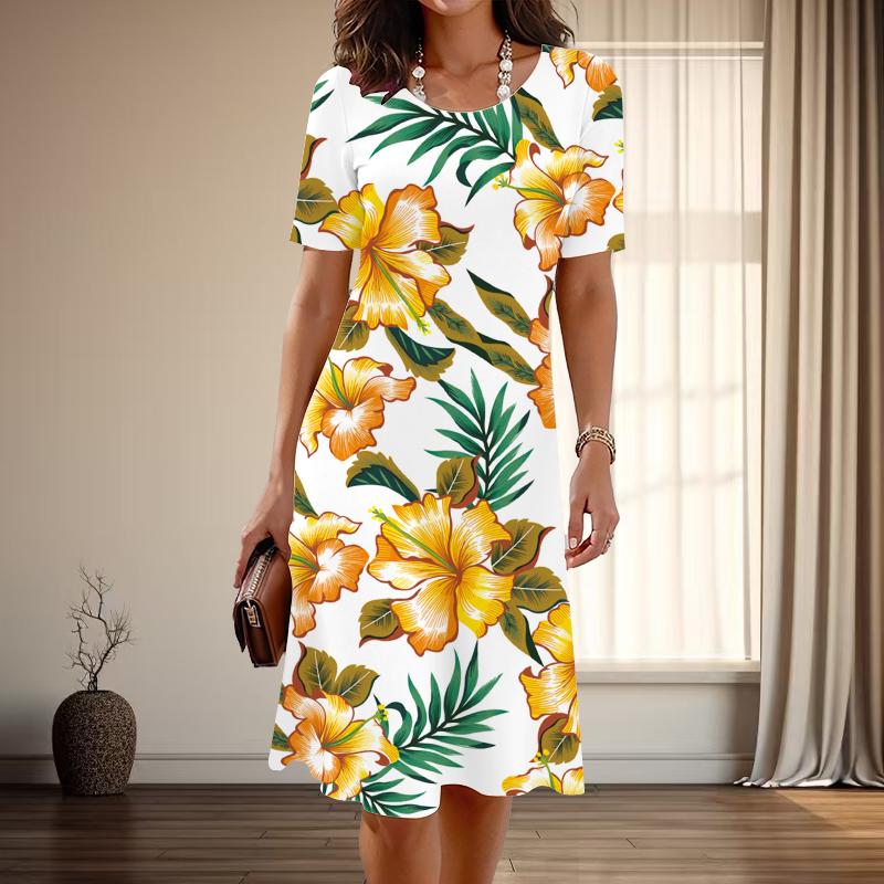 Women's Fashion Graceful Flower Design Print Summer Spring Short Sleeve O-Neck Casual Dresses