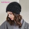 Winter Angola Rabbit Fur Hats for Women Knit Beanie with Lining Ski Caps Warm Hat