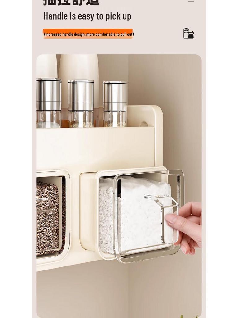 Wall-Mounted Cream Style Spice Rack with Seasoning Jars & Utensil Storage