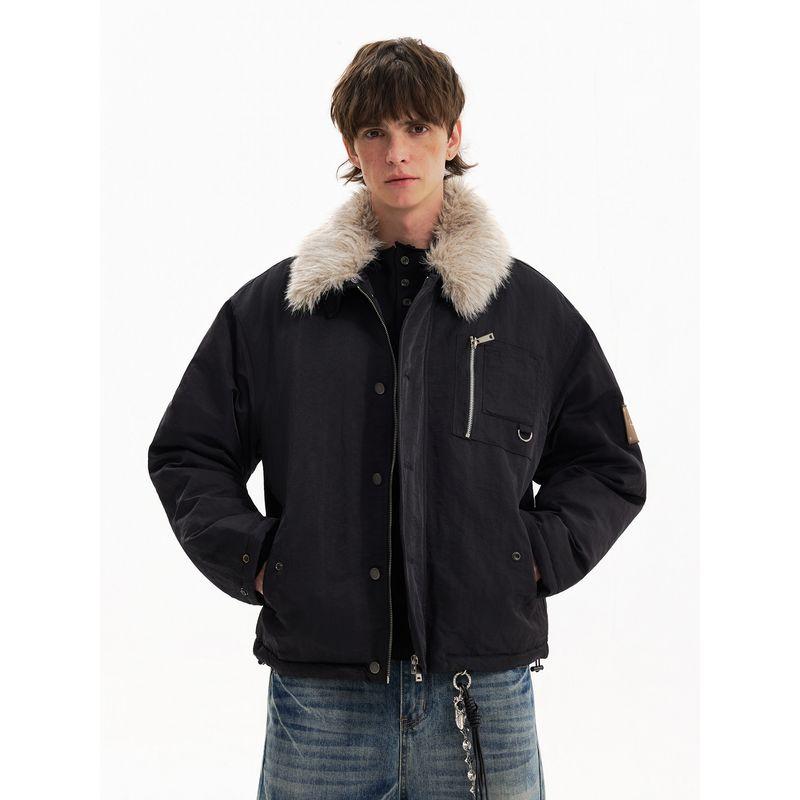 Blaexit American-Style Bomber Jacket Cotton-Padded Winter Coat Men's Thickened Fur Collar Short Parka