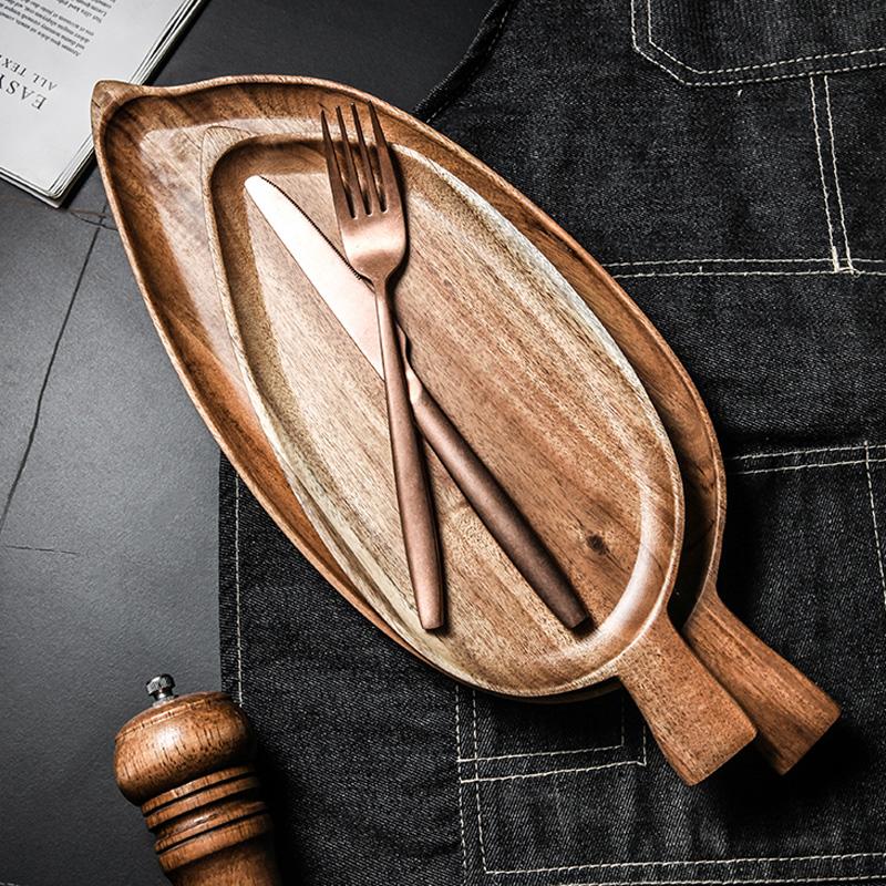 1 шт., деревянная тарелка из акации в форме листа, деревянная десертная тарелка для хлеба, большой поднос для фруктов, торта, сервировочное блюдо, деревянная посуда, столовые приборы