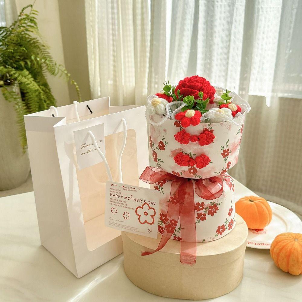 Romantic Carnation Bouquet Gift Finished Fake Flower Knitted Rose Bouquet Valentine's Day Gift